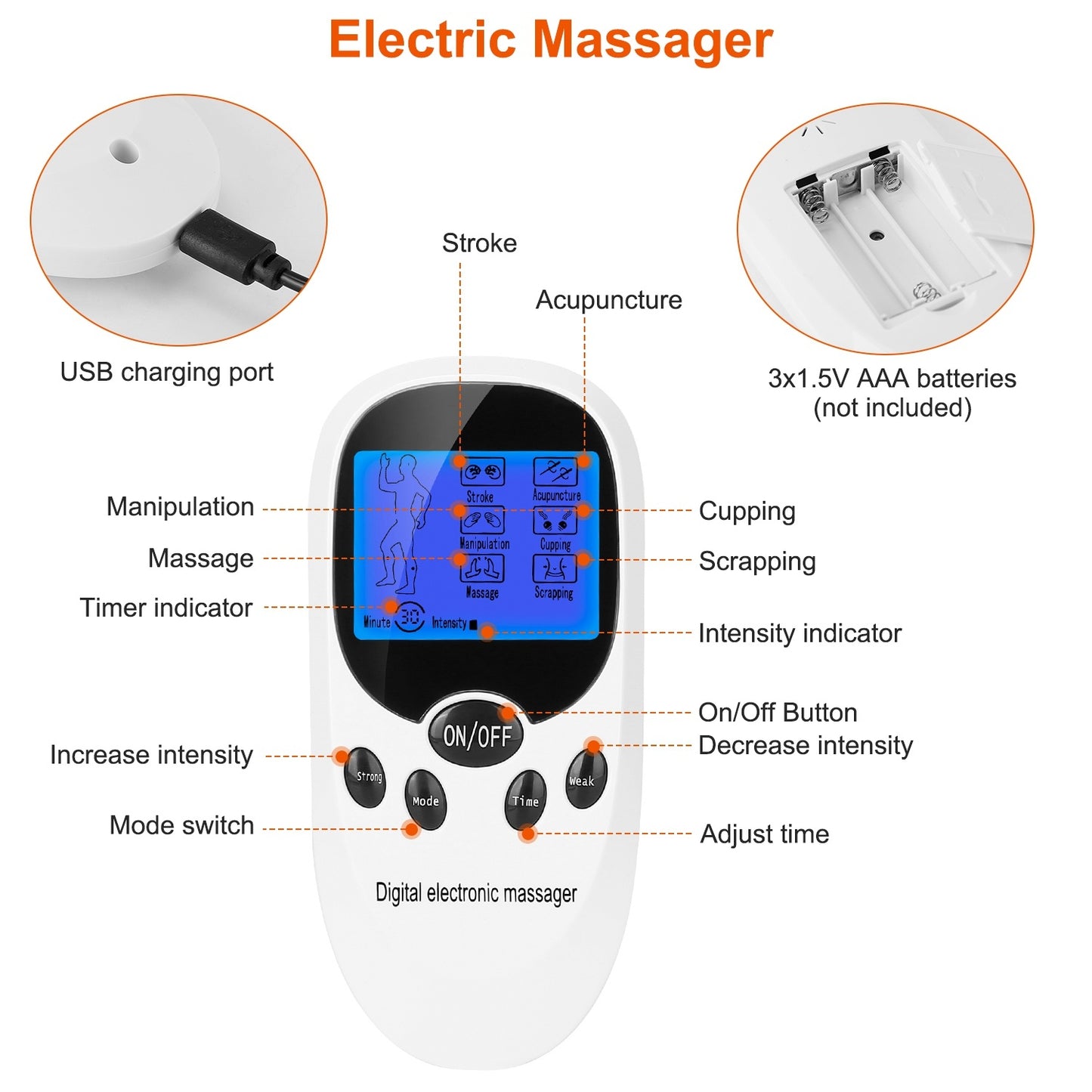 1Pc Electric Muscle Stimulator Dual Channels With 8 Electrode Pads Pulse Massager Pain Relief Therapy Tens Device